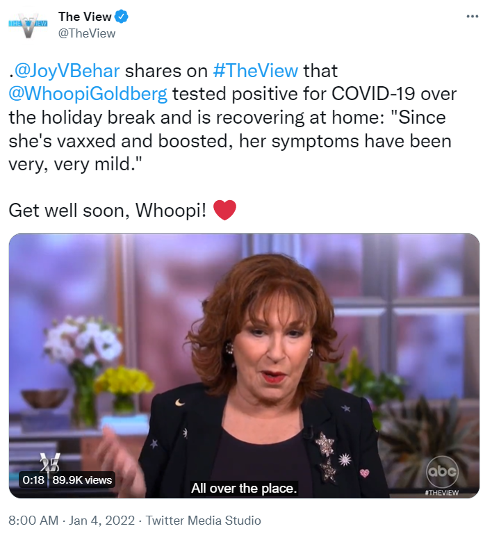 談話節目《The view》主持人喬貝哈證實琥碧戈柏確診，不過症狀非常輕微。 圖：翻攝自The View推特