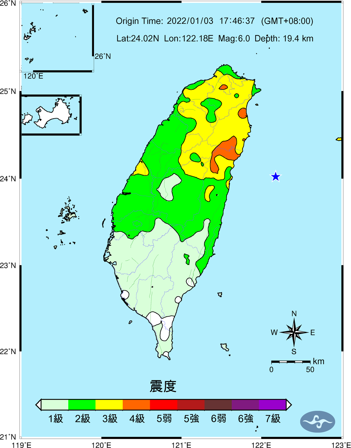 1/3花蓮外海發生規模6.0地震，中央氣象局表示，因預警系統低估震度才未發布警報（圖為地震震度圖）。 圖：中央氣象局／提供