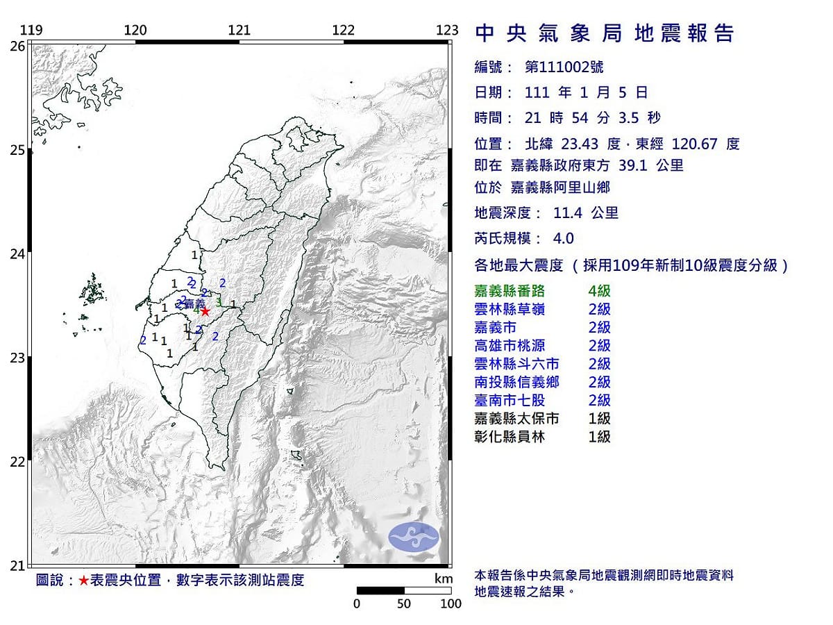 嘉義縣阿里山鄉晚間9點54分又發生規模4.0地震，深度11.4公里，最大震度4級。 圖：氣象局提供