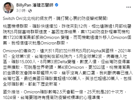 潘建志醫師認為桃機群聚案為Omicron群聚。 圖：翻攝自潘建志臉書