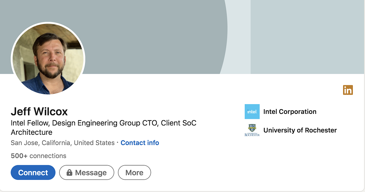 Intel挖角蘋果晶片設計總監Jeff Wilcox。 圖：截自Jeff Wilcox LinkedIn