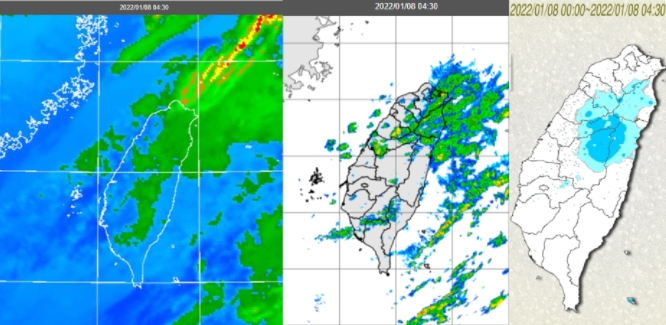 今晨4：30紅外線雲圖顯示，中層雲即將通過(左圖)。4：30雷達回波合成圖顯示，中部以北及東側海面仍有弱降雨回波(中圖)；今晨中部以北有局部少量降雨，山區較明顯(右圖)。 「三立準氣象．老大洩天機」專欄