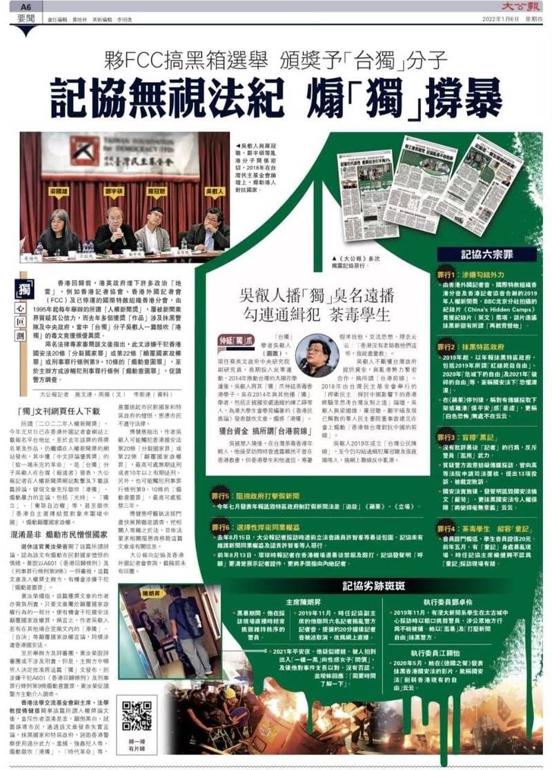 親共港媒大公報六日以全版版面刊登指控中研院學者吳叡人違法香港國安法。 圖：翻攝自大公報