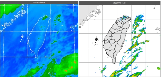 今晨4：30紅外線雲圖顯示，陸地上雲層少，東側海面有較多低層雲(左圖)。4：30雷達回波合成圖顯示，東側海面有降雨回波(右圖)。 圖/「三立準氣象．老大洩天機」專欄