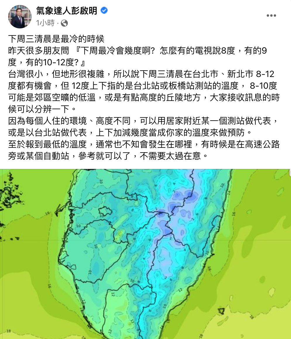 下週最冷的是週三清晨，氣象達人彭啟明表示區域則落於台北、新北市，8-12度都有可能。 圖：翻攝自氣象達人彭啟明臉書專頁