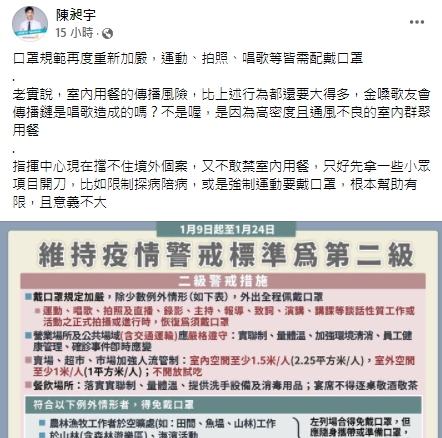 陳昶宇醫師認為內用風險更高，現行口罩加嚴措施幫助不大。 圖：翻攝自陳昶宇臉書