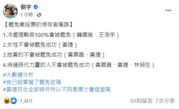 四叉貓劉宇分析罷免案。 圖：翻攝四叉貓臉書