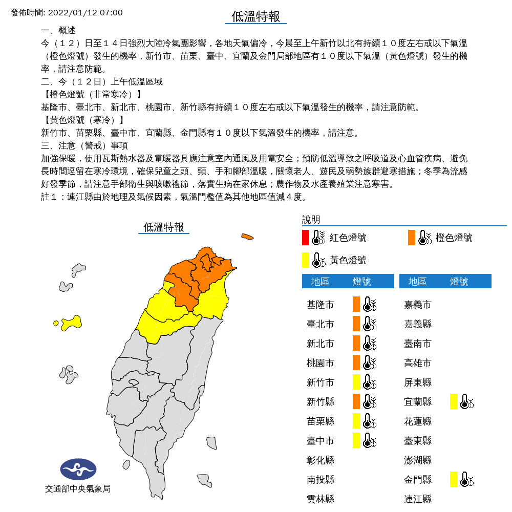 包括新竹市、苗栗、台中、宜蘭與金門局部地區，今天將有攝氏10度以下氣溫，而從基隆市、台北市、新北市，到桃園市、新竹縣，則是非常寒冷的橙色燈號。 圖：中央氣象局/提供