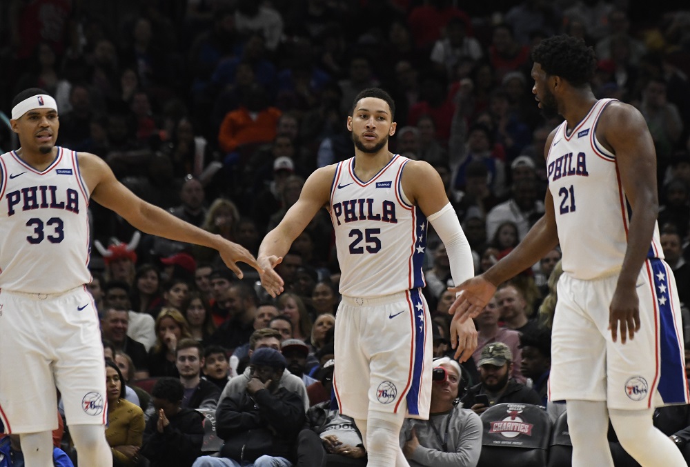 Ben Simmons、Joel Embiid和Tobias Harris。 圖／美聯社／達志影像