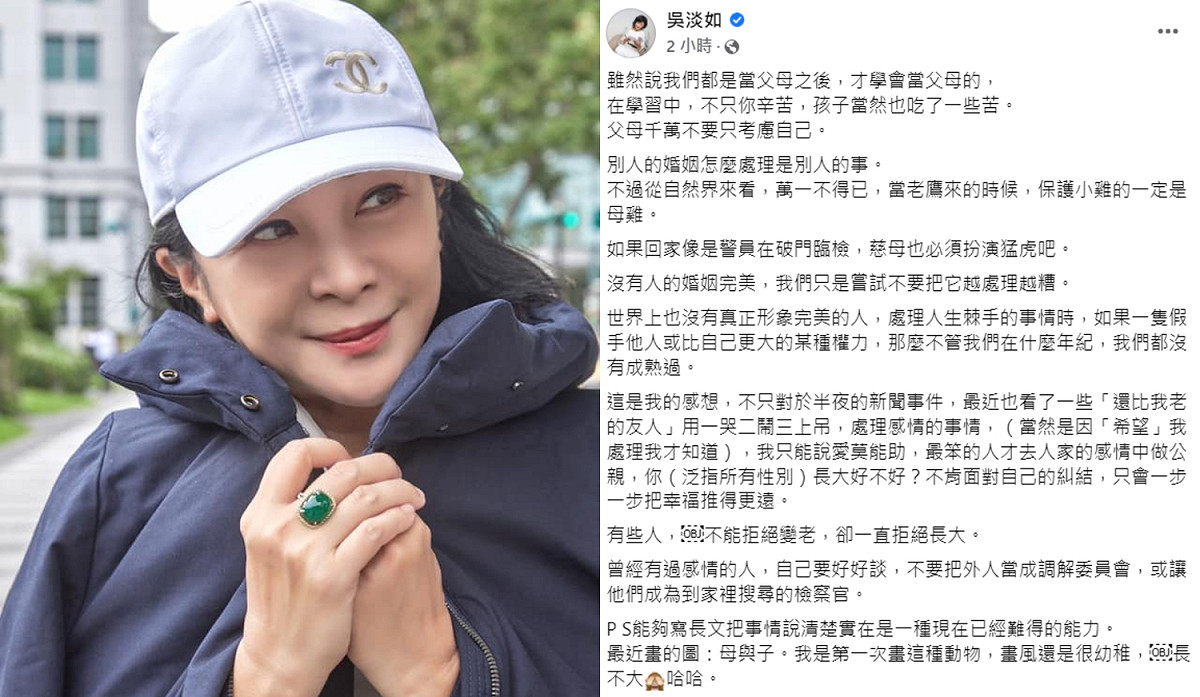 吳淡如對李靚蕾與王力宏的事件有感而發，在臉書感性發文。 圖：翻攝自吳淡如臉書