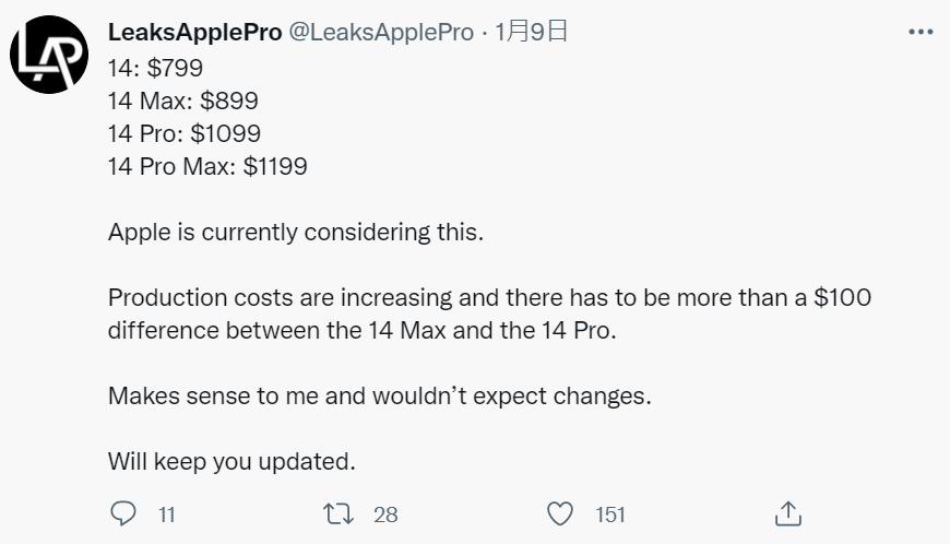 LeaksApplePro爆料iPhone 14全系列的售價。 圖：翻攝自LeaksApplePro推特