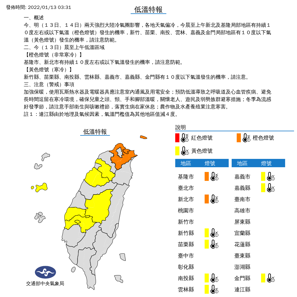 基隆市與新北市今天仍將持續攝氏10度以下低溫，包括新竹、苗栗、南投、雲林、嘉義與金門局部地區，也在警報範圍。 圖：中央氣象局/提供
