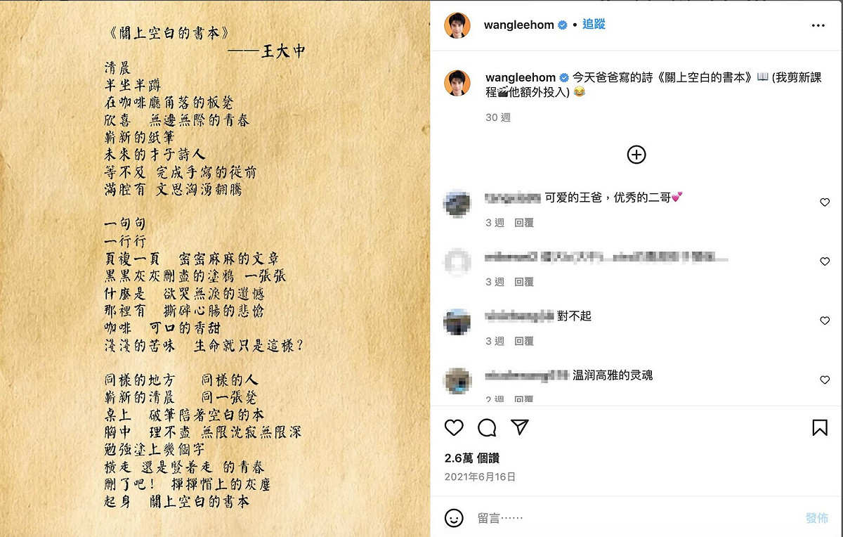 王力宏被曝為「王爸爸的詩」購買讚數、留言。 圖：翻攝自王力宏IG(@wangleehom)