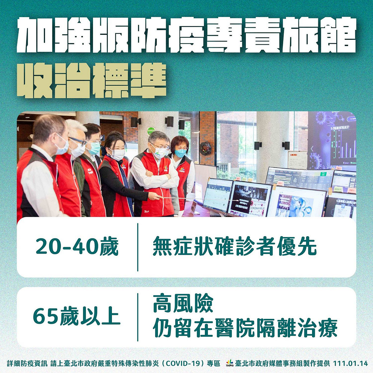 台北市加強版防疫專責旅館收治標準。  圖：台北市政府 / 提供