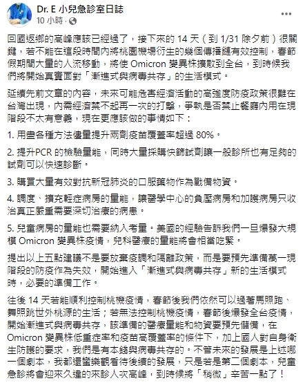 醫師指出，萬一現階段的防疫作為失效，開始進入「漸進式與病毒共存」的新模式時，必要的準備工作有5件。 圖：翻攝自謝宗學臉書