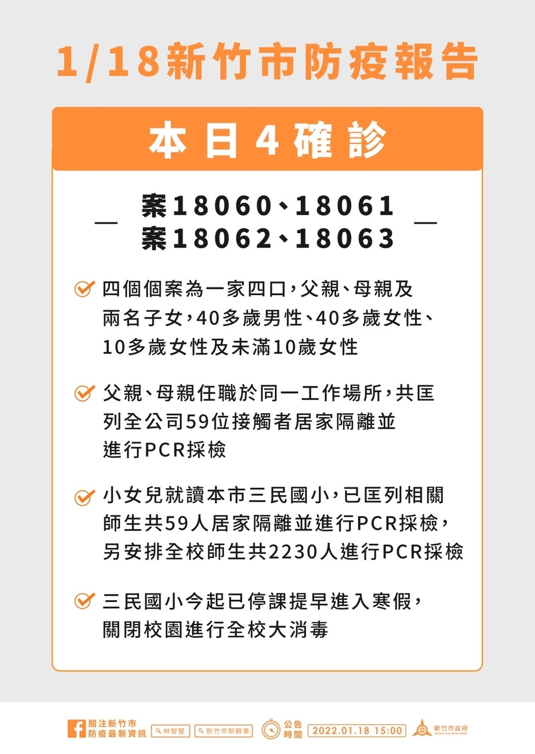 新竹市1/18防疫報告。 圖：新竹市政府提供
