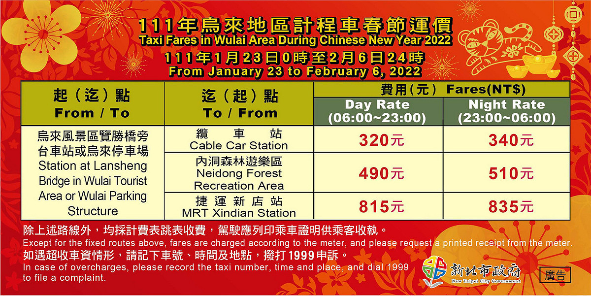 新北市烏來地區計程車運價貼紙。 圖：新北市交通局提供