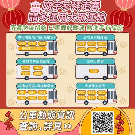 廟宇參拜走春請多運用大眾運輸。 圖：新北市交通局提供