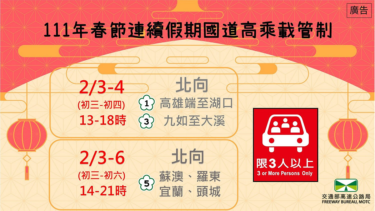 春節連假國道高乘載管制。 圖：交通部高速公路局／提供