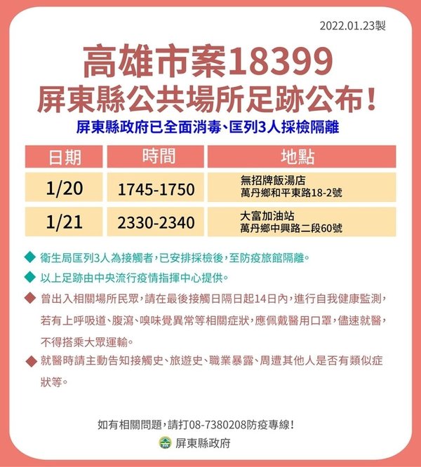 高雄市案18399屏東縣公共場所足跡。 圖：屏東縣政府/提供