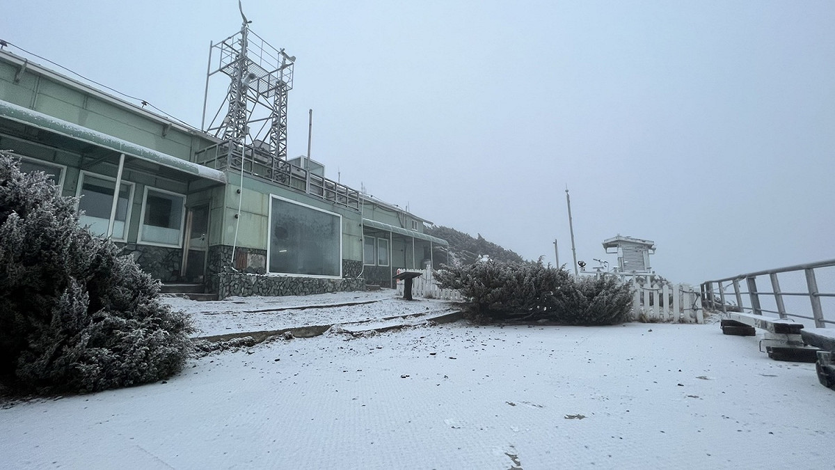 玉山今日清晨開始降雪，積雪約1公分。 圖：中央氣象局／提供