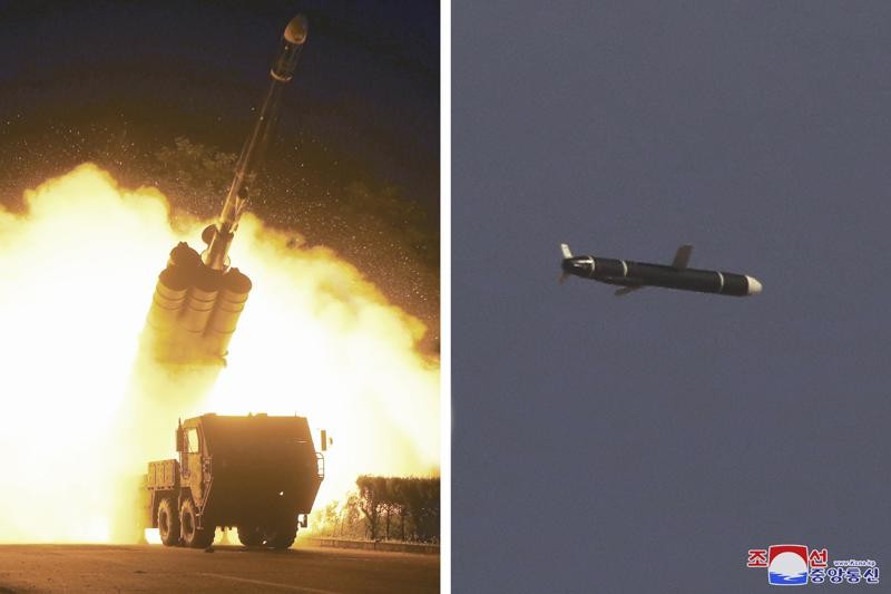 北韓25日上午向東部海域發射疑似巡航導彈的2枚導彈。圖為2021年9月北韓試射中程巡航導彈。 圖：翻攝朝中社(資料照)