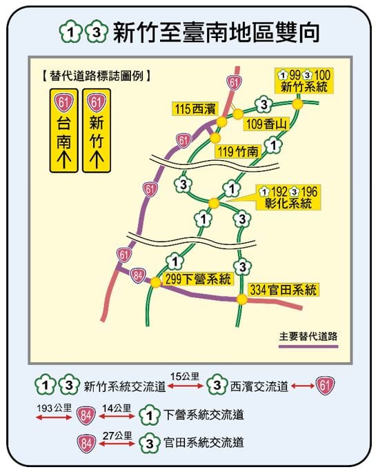 春節國1國3新竹-台南地區雙向替代道路圖。 圖：交通部高速公路局／提供