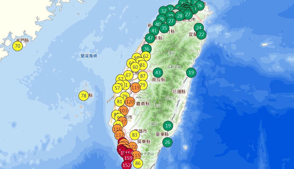 今日12時全台空氣品質資料。 圖：擷取自環保署空氣品質監測網