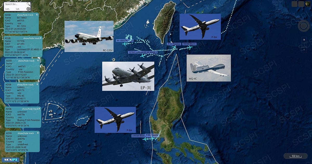 南海戰略態勢感知計劃平台SCSPI指美軍26日上午動員3架P-8A「海神式」反潛機、1架EP-3E「白羊座」偵察機、1架MQ-4C「海神」無人偵察機和1架RC-135V電子偵察機進入南海。 圖：翻攝SCS Probing Initiative推特/新頭殼合成