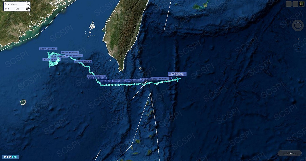 南海戰略態勢感知計劃平台SCSPI公布MQ-4C「海神」無人偵察機26日凌晨航跡圖。 圖：翻攝SCS Probing Initiative推特