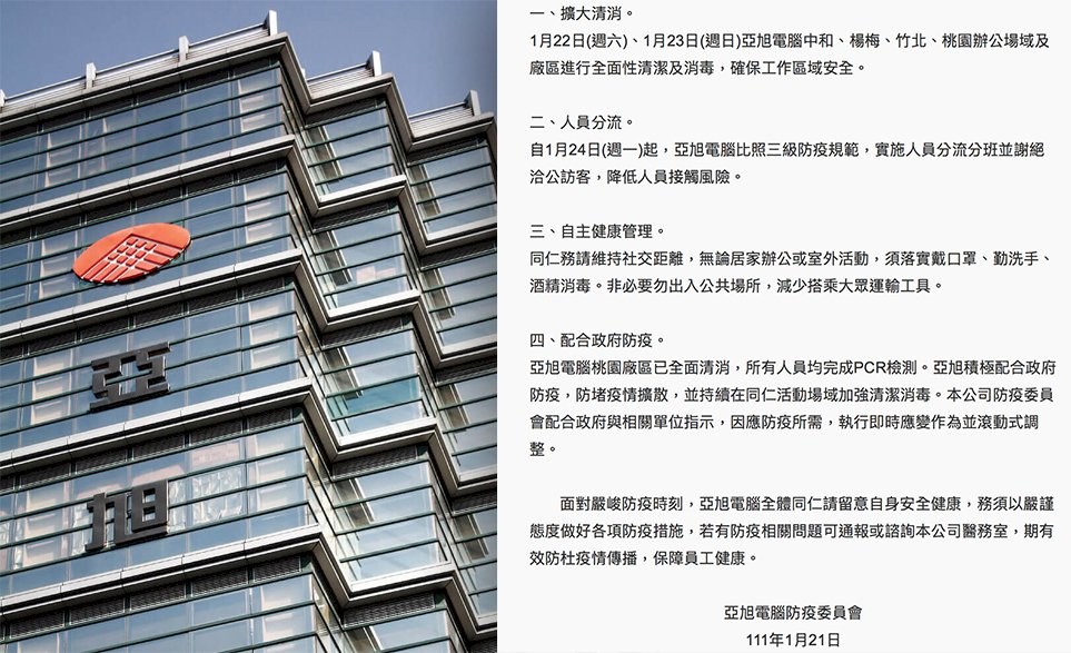 華碩子公司亞旭電腦公司桃園廠爆發移工群聚感染，公司官網提出4點聲明防疫全面升級。 圖：翻攝亞旭電腦官網