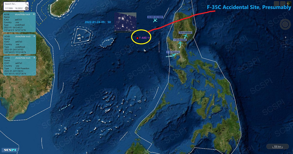 中國智庫推測24日美軍F-35C墜海地點可能在黃岩島北方海域。 圖：翻攝SCS Probing Initiative推特