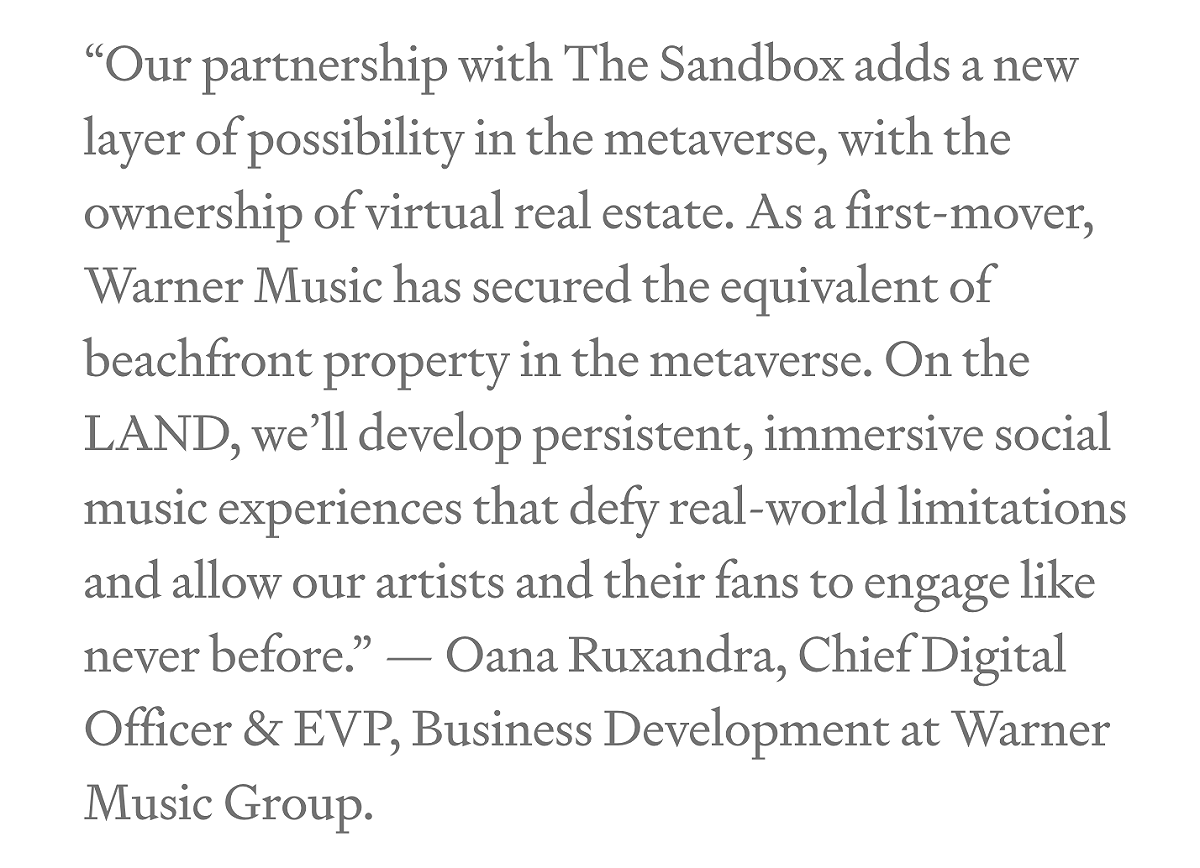 The Sandbox昨日公布與華納音樂合作推出音樂元宇宙。 圖：截自The Sandbox官網