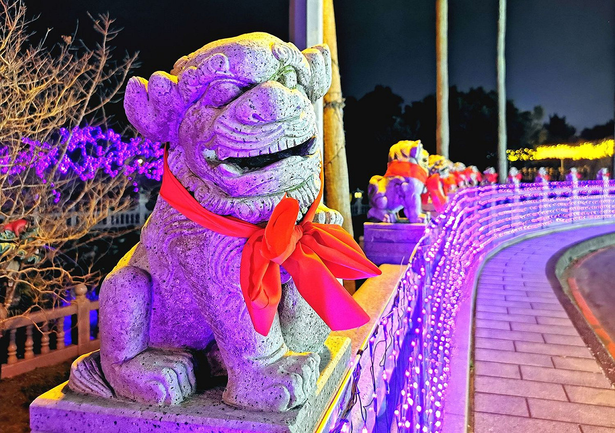 寺廟前方石獅子綁上紅色領結喜氣洋洋的樣子十分俏皮。 圖：林口區公所提供