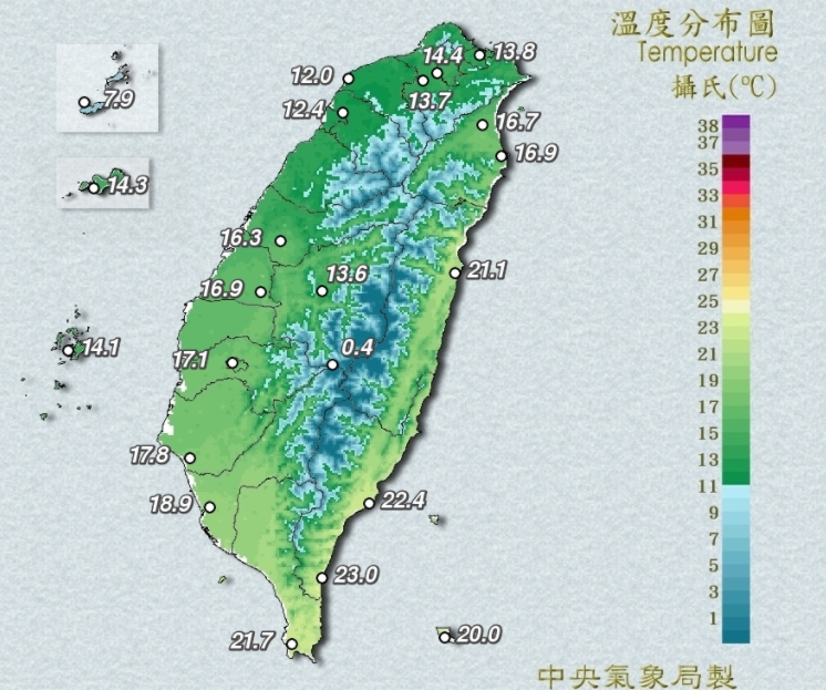 截止至今(30)日11時，全台溫度分布圖，受冷氣團影響，各地會越晚越冷。 圖：氣象局／提供