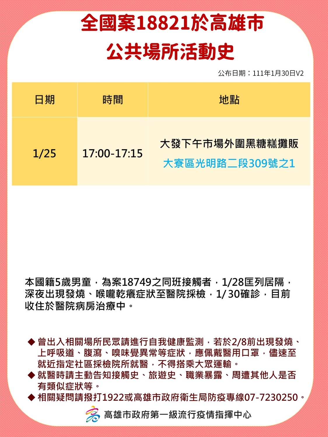 案18821在高雄足跡。 圖：高雄市衛生局提供