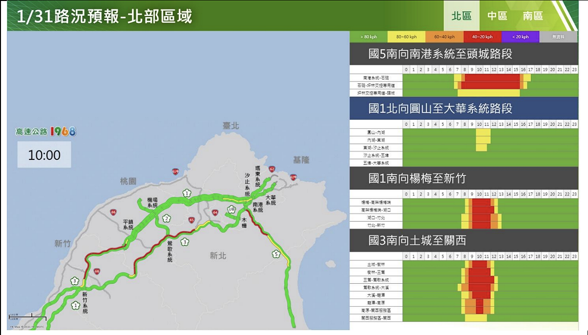 今(31)日北部區域路況預報。  圖：高速公路局／提供