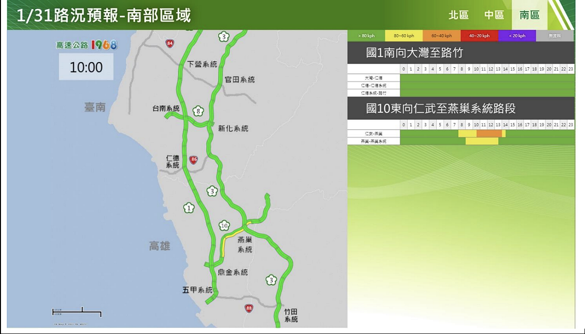今(31)日南部區域路況預報。  圖：高速公路局／提供