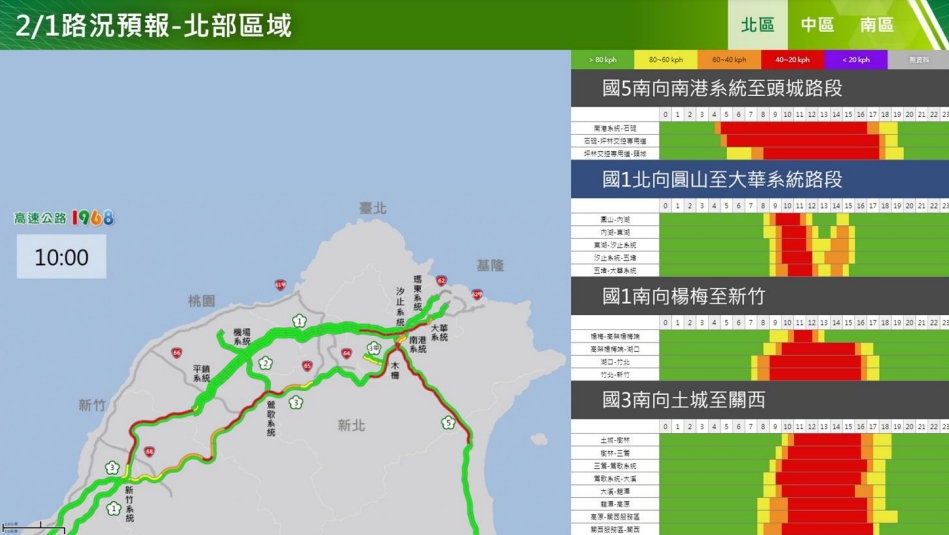 2/1國道北部區域上午路況預報。 圖：交通部高速公路局／提供