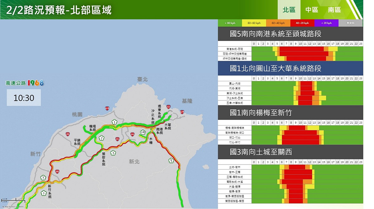 2/2國道北部區域上午路況預報。 圖：交通部高速公路局／提供