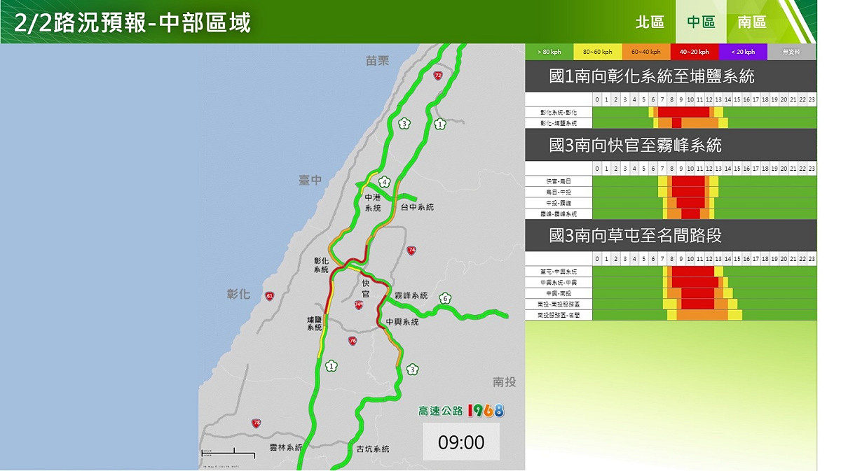 2/2國道中部區域上午路況預報。 圖：交通部高速公路局／提供