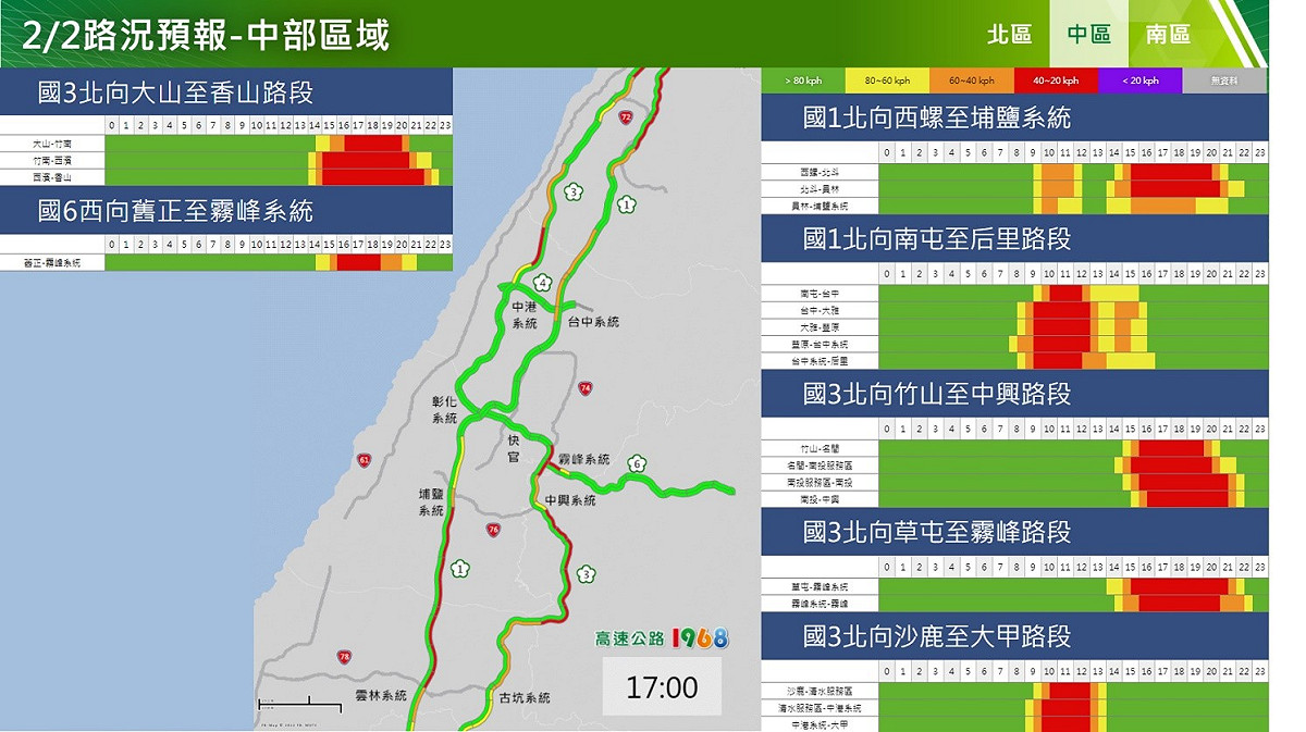 2/2國道中部區域下午路況預報。 圖：交通部高速公路局／提供