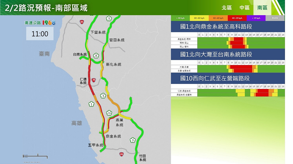 2/2國道南部區域上午路況預報。 圖：交通部高速公路局／提供