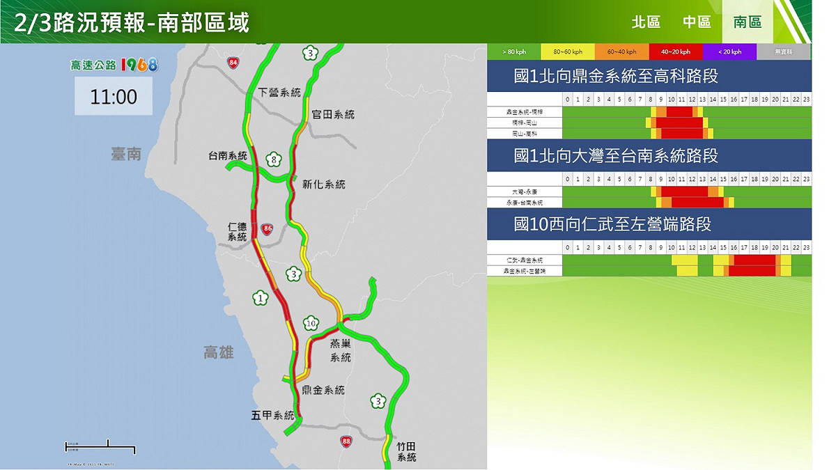 2/3國道南區北向路況預報。 圖：交通部高速公路局／提供
