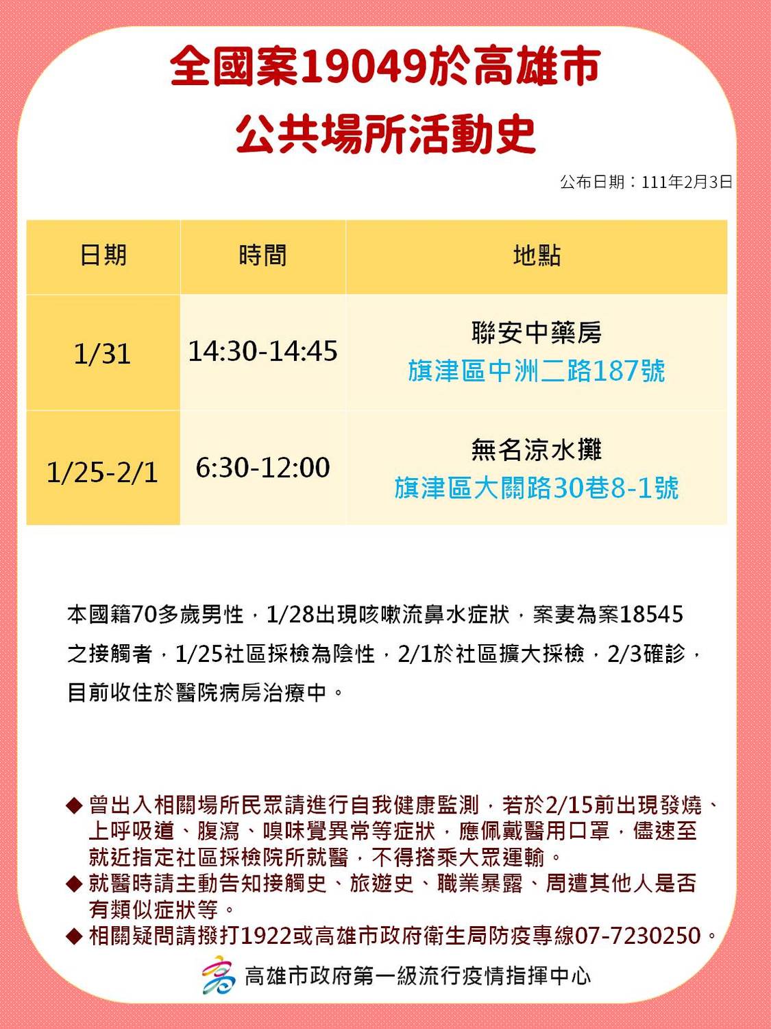 案19049在旗津足跡。 圖：高雄市衛生局提供
