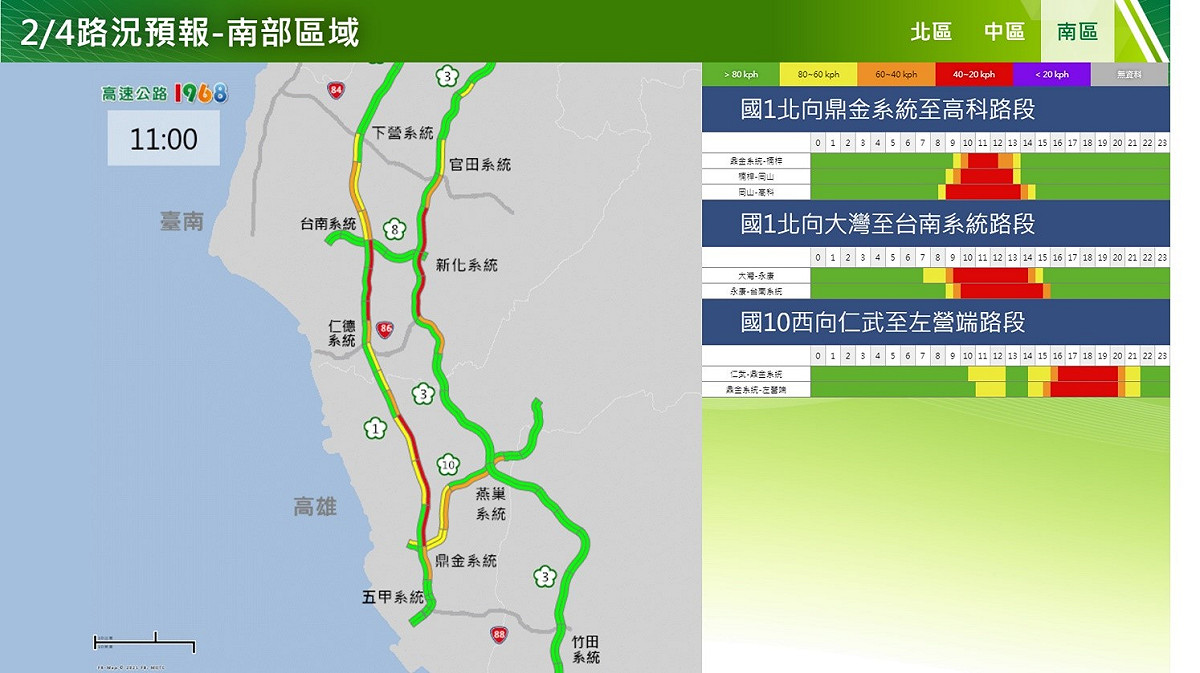 初四國道南部路段北向路況預報圖。 圖：交通部高速公路局／提供