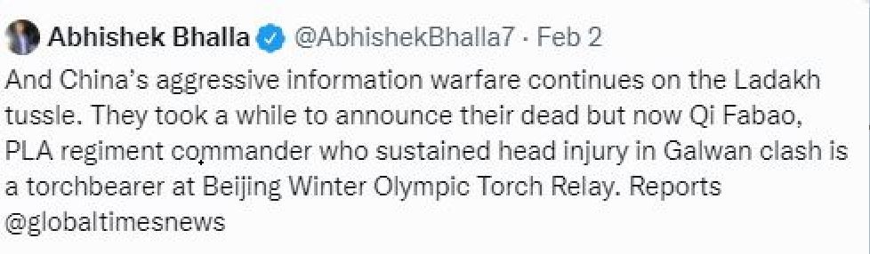 印媒記者Abhishek Bhalla指控中國經過一段時間才公布衝突事件傷亡人數，並對奧運火炬手人選表示抗議。 圖：翻攝自Abhishek Bhalla 推特
