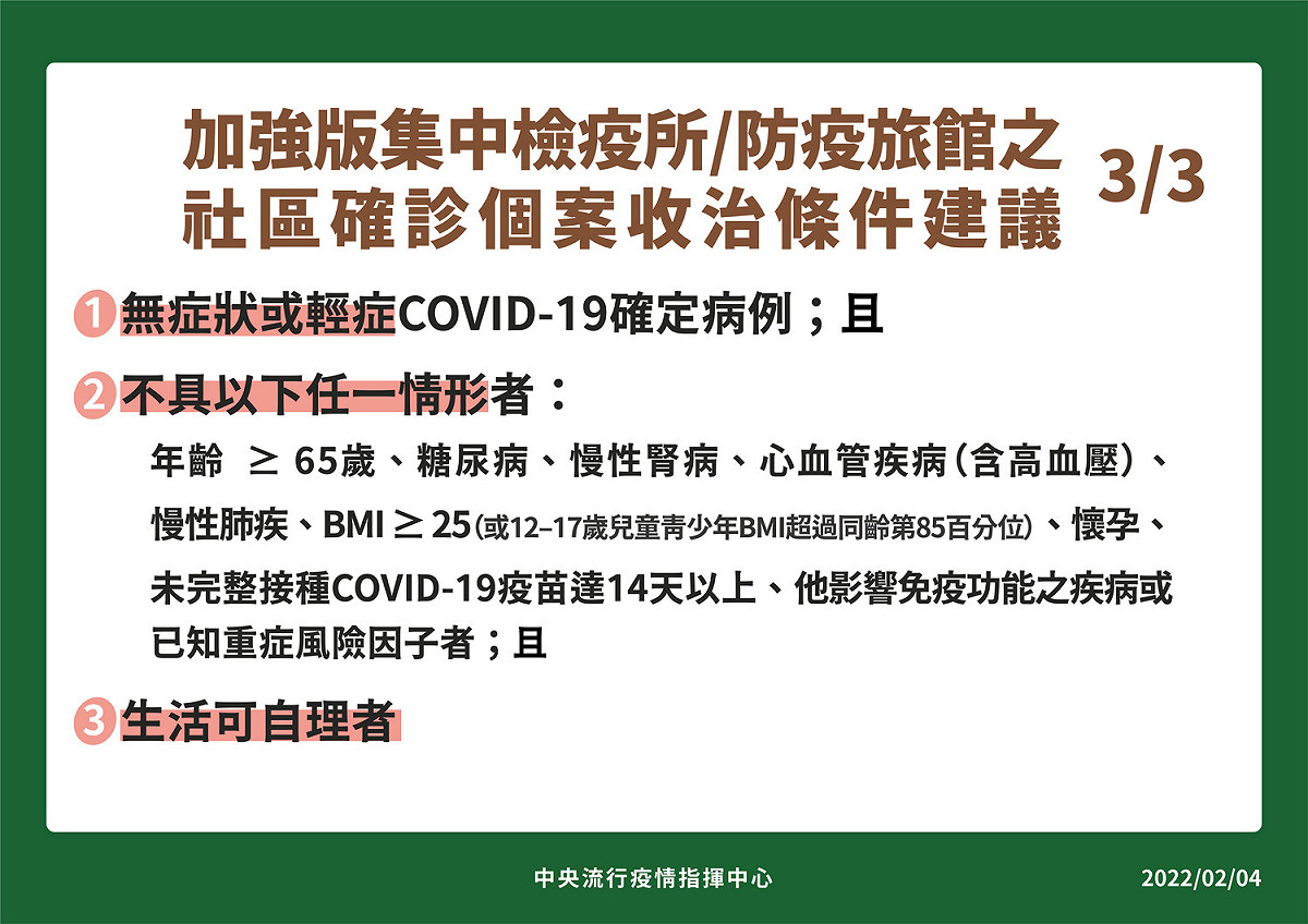 輕症確診者入住加強版防疫旅管需符合3條件。 圖：中央流行疫情指揮中心／提供