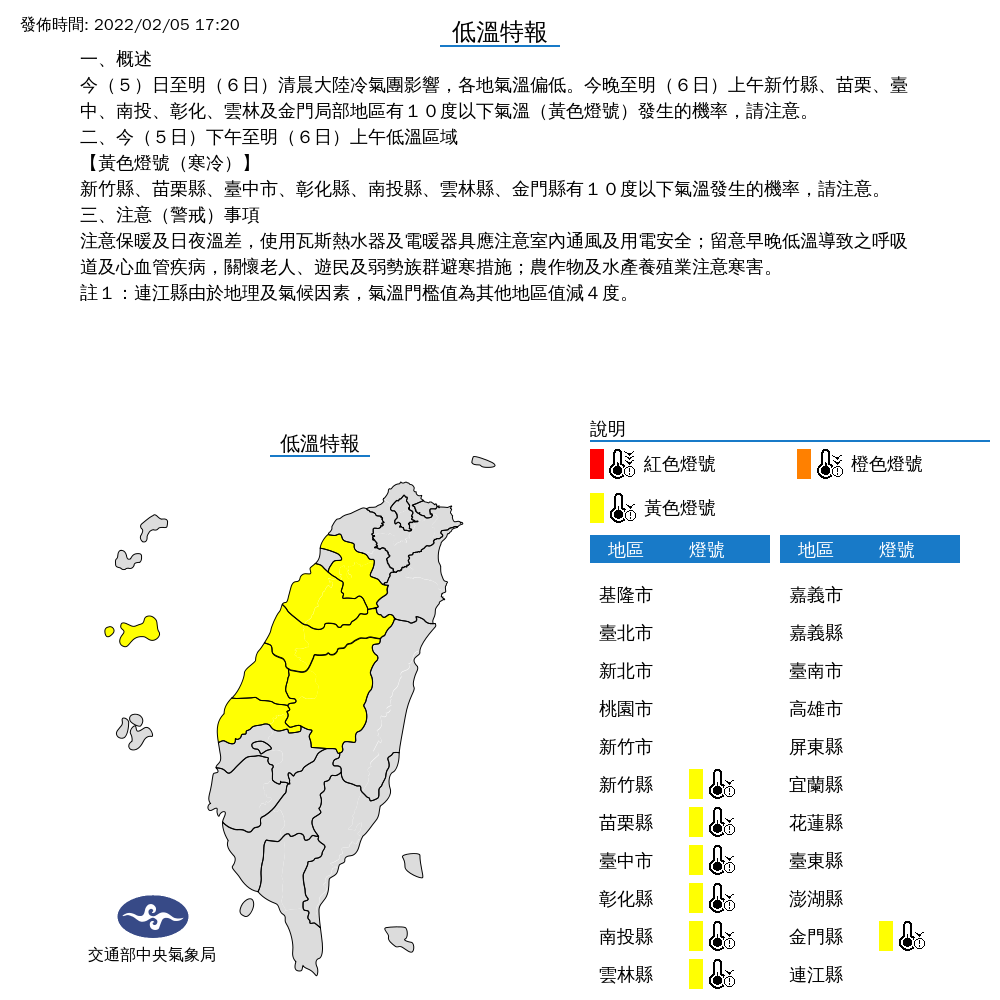 氣象局今發布低溫特報，天氣風險公司分析，下週一白天會回溫，但晚上隨著鋒面系統逐漸通過，可能開始有降雨發生。 圖：氣象局/提供