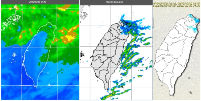 紅外線雲圖顯示，迎風面雲層仍多(左圖)。雷達回波合成圖顯示，回波大多在東側海上，大台北有弱回波(中圖)。累積雨量圖顯示，北海岸、東北部有局部降雨，大台北東側則有零星少量飄雨(右圖)。 圖/「三立準氣象．老大洩天機」專欄